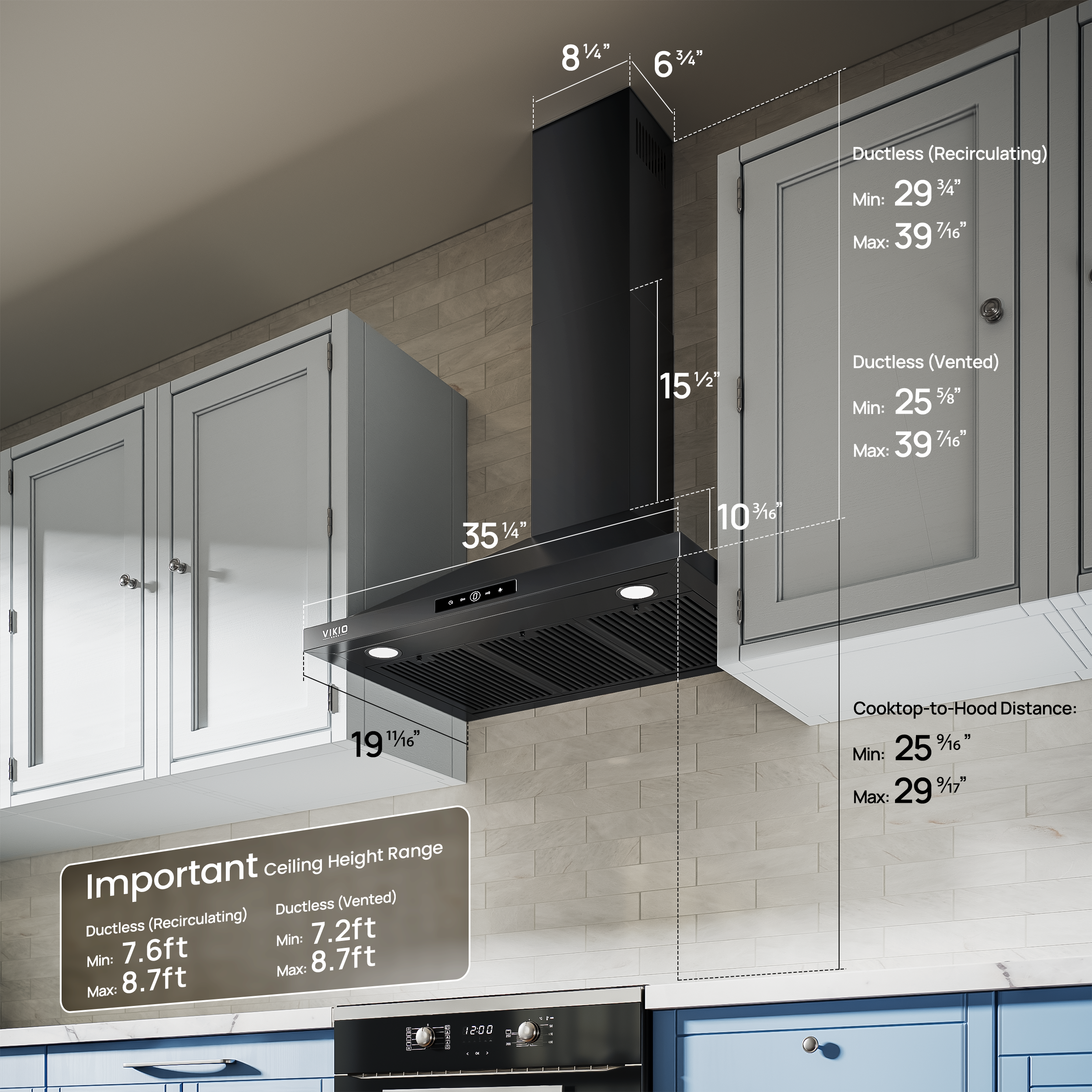 VIKIO HOME Wall Mount Range Hood 36 inch, 580 CFM Kitchen Vent Hood, Ducted/Ductless Convertible with Touch Control, Stainless Steel Stove Vent Hood, Easy Clean Filter, Black