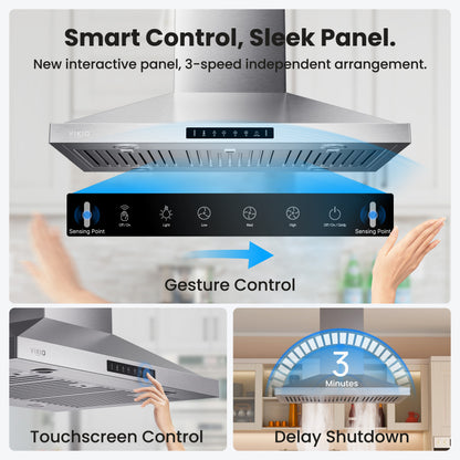 Island Range Hood 36 Inch, 390 CFM kitchen Hood with Touch/Gesture, Ceiling Mount, Convertible Ducted/Ductless, 3-Speed Fan, 3 Stainless Steel Baffle Filters
