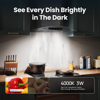 VIKIO HOME 36" Wall Mount Range Hood Tempered Glass 900 CFM, Kitchen Chimney Vent Stainless Steel, with Gesture Sensing and Touch Control Switch Panel, 3-Speed Exhaust Fan Permanent Filter