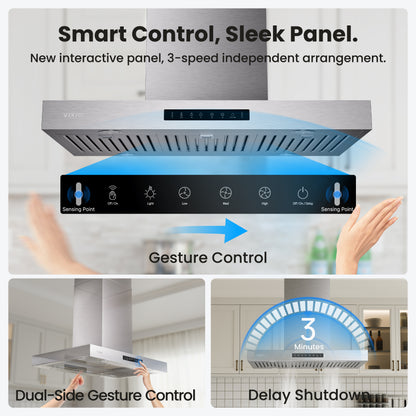 Island Range Hood 30 Inch, 600 CFM Island Mount Range Hood with Dual-Sided Touch/Gesture Control, Ceiling Mount kitchen Hood, Convertible Ducted/Ductless, 3-Speed Fan&4 LED Lights, 2 Baffle Filters