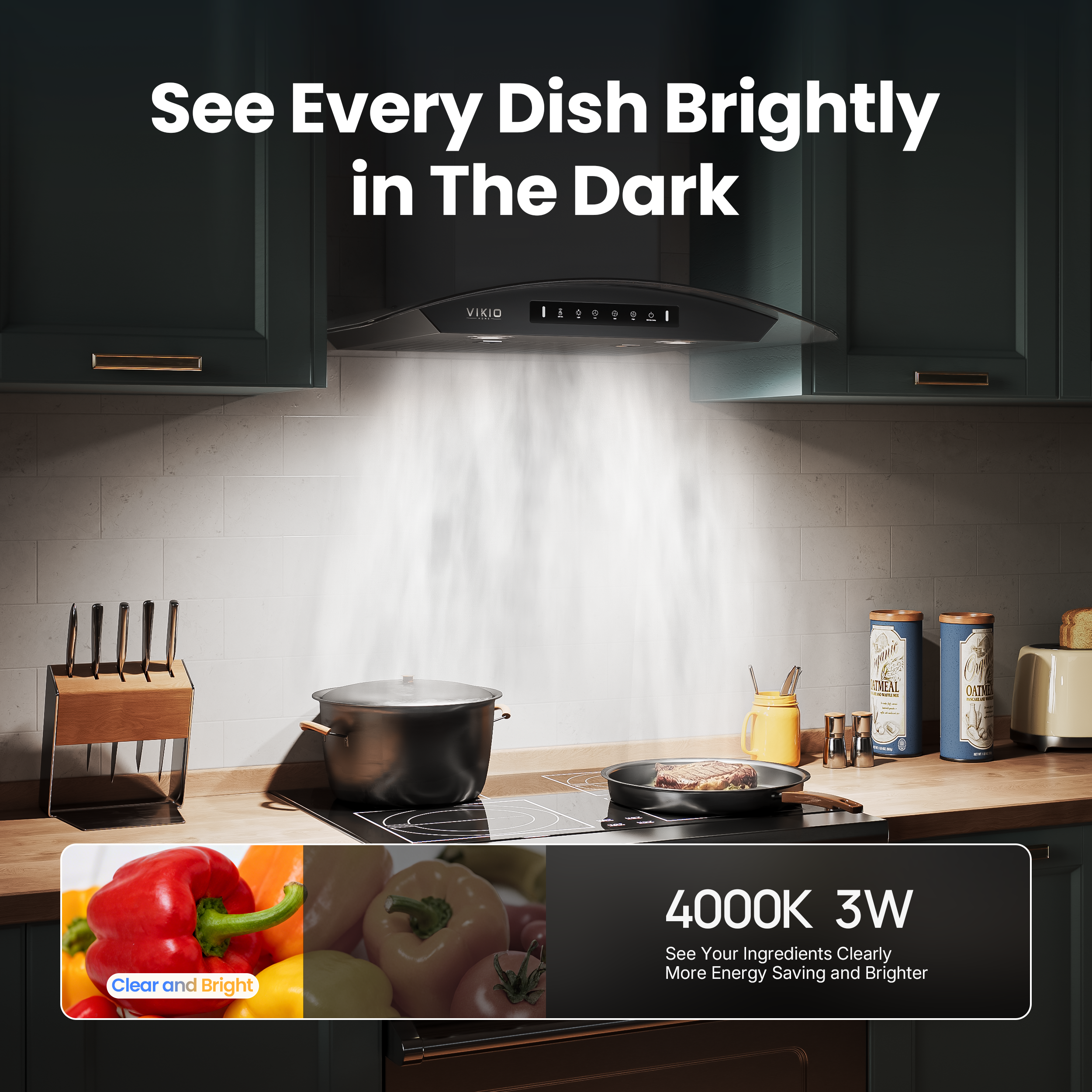 VIKIO HOME Black 30 inch Wall Mounted Range Hood Glass 900 CFM, Stainless Steel Kitchen Hood Vent with Gesture/Touch Controls, 3-Speed Exhaust Fan and Stainless Steel Baffle Filter, 2 LED Lights