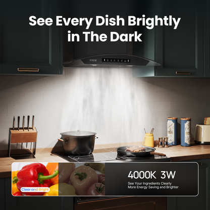 VIKIO HOME Black 36 inch Wall Mounted Range Hood Glass 900 CFM, Stainless Steel Kitchen Hood Vent with Gesture/Touch Controls, 3-Speed Exhaust Fan and Stainless Steel Baffle Filter, 2 LED Lights
