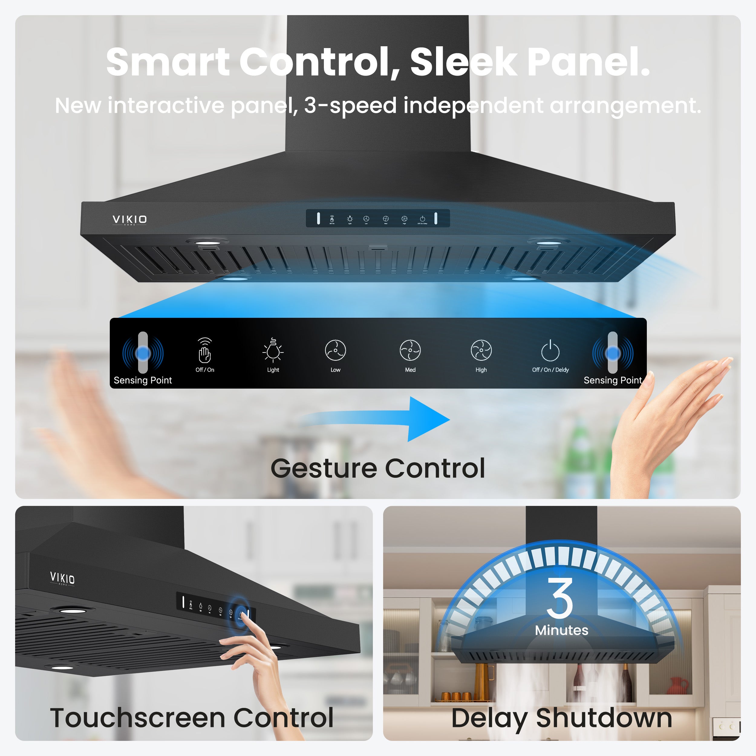 Island Range Hood 36 Inch, 390 CFM kitchen Hood with Dual-Sided Touch/Gesture Control, Ceiling Mount Kitchen Vent Hood, Convertible Ducted/Ductless, 3-Speed Fan&4 LED Lights, 3 Baffle Filters, Black