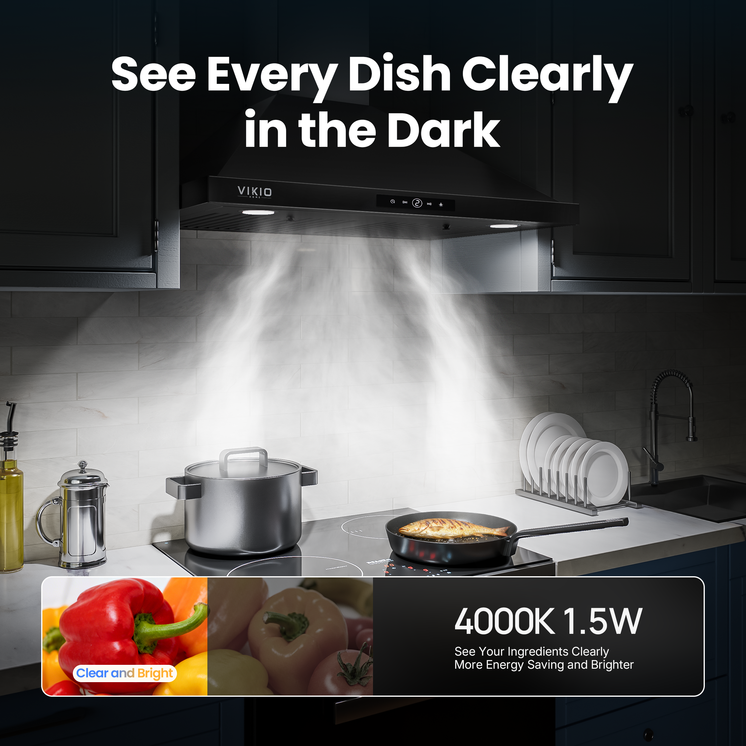 VIKIO HOME Wall Mount Range Hood 36 inch, 580 CFM Kitchen Vent Hood, Ducted/Ductless Convertible with Touch Control, Stainless Steel Stove Vent Hood, Easy Clean Filter, Black