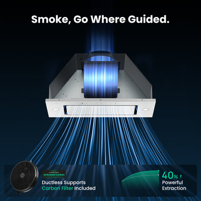 VIKIO HOME Range Hood Insert 36 inch, 900 CFM Ducted/Ductless Convertible, Stainless Steel & Tempered Glass White 36 inch Built-in Range Hood, With 3-Speed Fan and Gesture Sensing &Touch Control