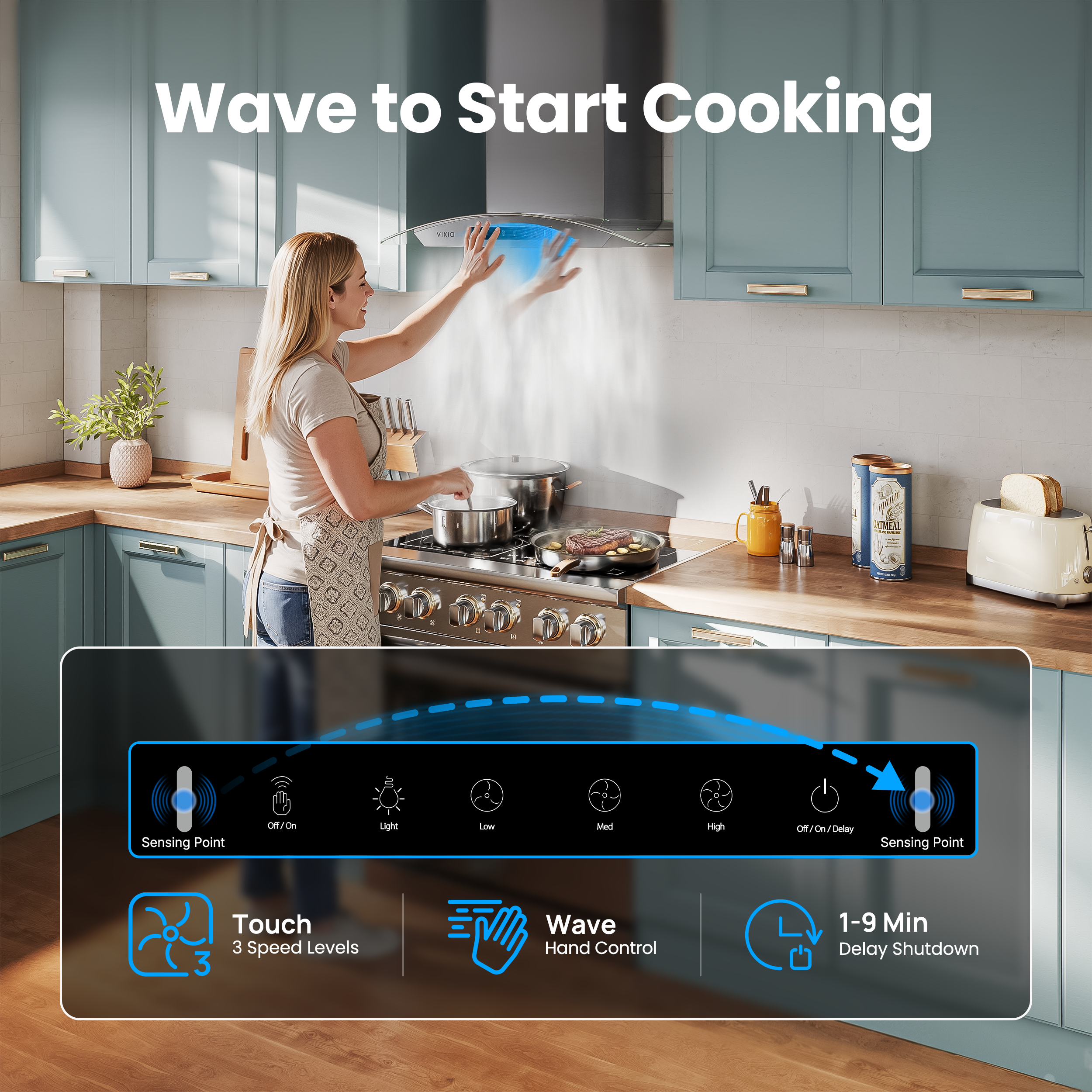 VIKIO HOME 30" Wall Mount Range Hood Tempered Glass 900 CFM, Kitchen Chimney Vent Stainless Steel, with Gesture Sensing and Touch Control Switch Panel, 3-Speed Exhaust Fan Permanent Filter