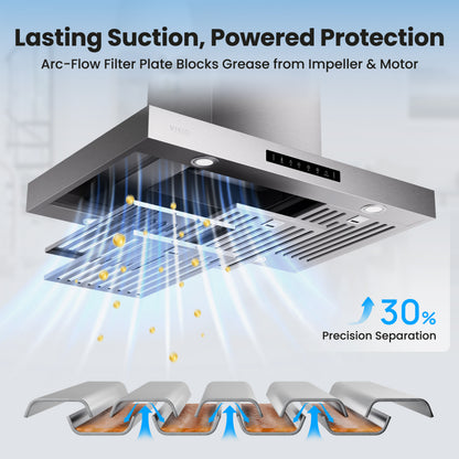 Island Range Hood 30 Inch, 600 CFM Island Mount Range Hood with Dual-Sided Touch/Gesture Control, Ceiling Mount kitchen Hood, Convertible Ducted/Ductless, 3-Speed Fan&4 LED Lights, 2 Baffle Filters