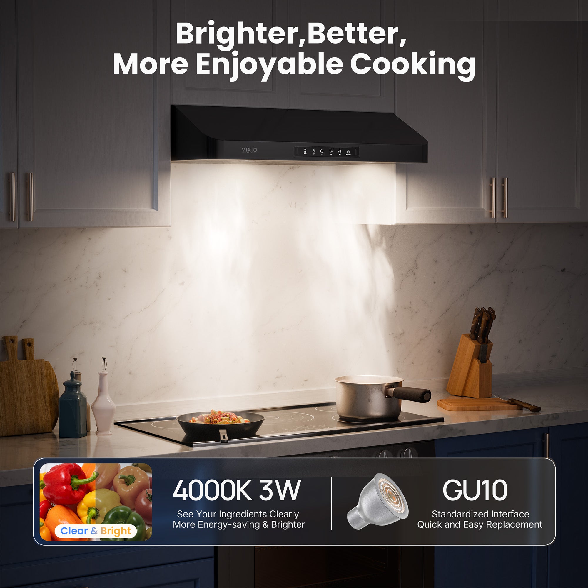Range Hood 30 inch Under Cabinet, VIKIO HOME Hood Vents for Kitchen, Vent Hoods 30 inches with 980 CFM, 3 Speed Gesture Sensing, Teflon Coating, Non-stick and Easy to Clean, Black