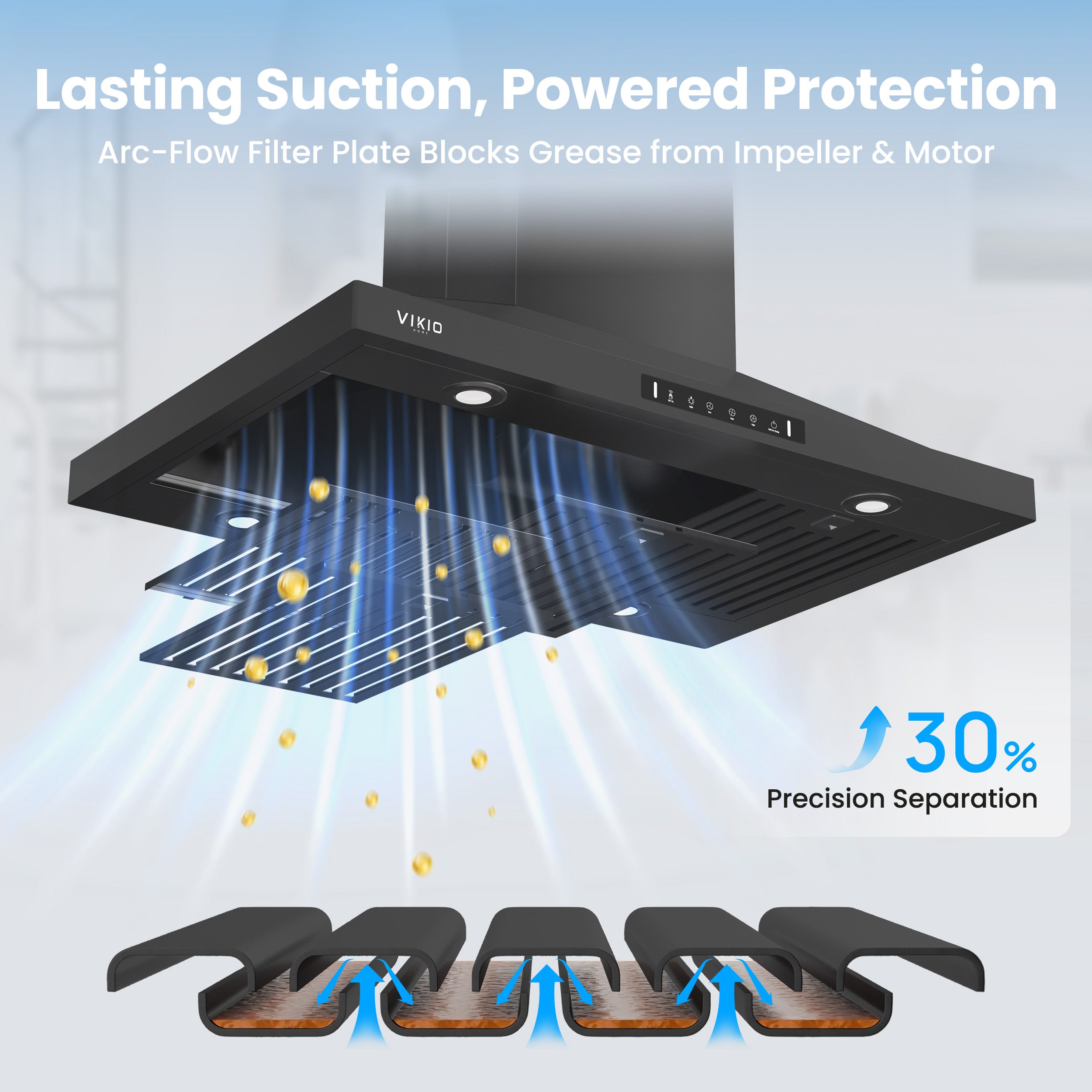 Island Range Hood 30 Inch, 390 CFM kitchen Hood with Dual-Sided Touch/Gesture Control, Ceiling Mount Kitchen Vent Hood, Convertible Ducted/Ductless, 3-Speed Fan&4 LED Lights, 2 Baffle Filters, Black