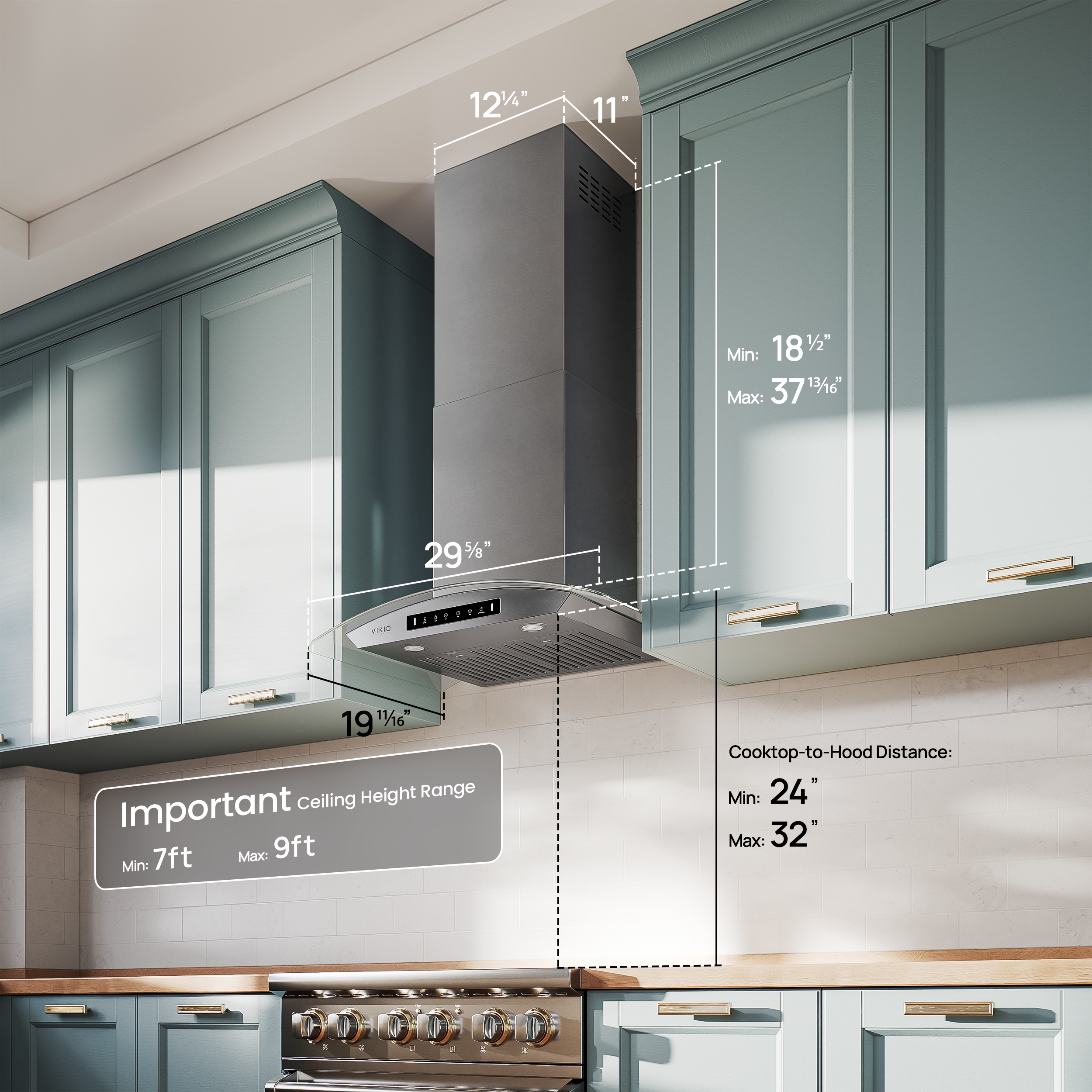 VIKIO HOME 30" Wall Mount Range Hood Tempered Glass 900 CFM, Kitchen Chimney Vent Stainless Steel, with Gesture Sensing and Touch Control Switch Panel, 3-Speed Exhaust Fan Permanent Filter