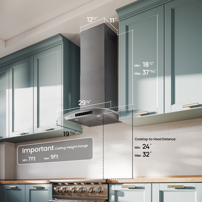 VIKIO HOME 30" Wall Mount Range Hood Tempered Glass 900 CFM, Kitchen Chimney Vent Stainless Steel, with Gesture Sensing and Touch Control Switch Panel, 3-Speed Exhaust Fan Permanent Filter
