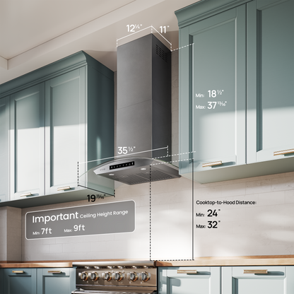 VIKIO HOME 36" Wall Mount Range Hood Tempered Glass 900 CFM, Kitchen Chimney Vent Stainless Steel, with Gesture Sensing and Touch Control Switch Panel, 3-Speed Exhaust Fan Permanent Filter