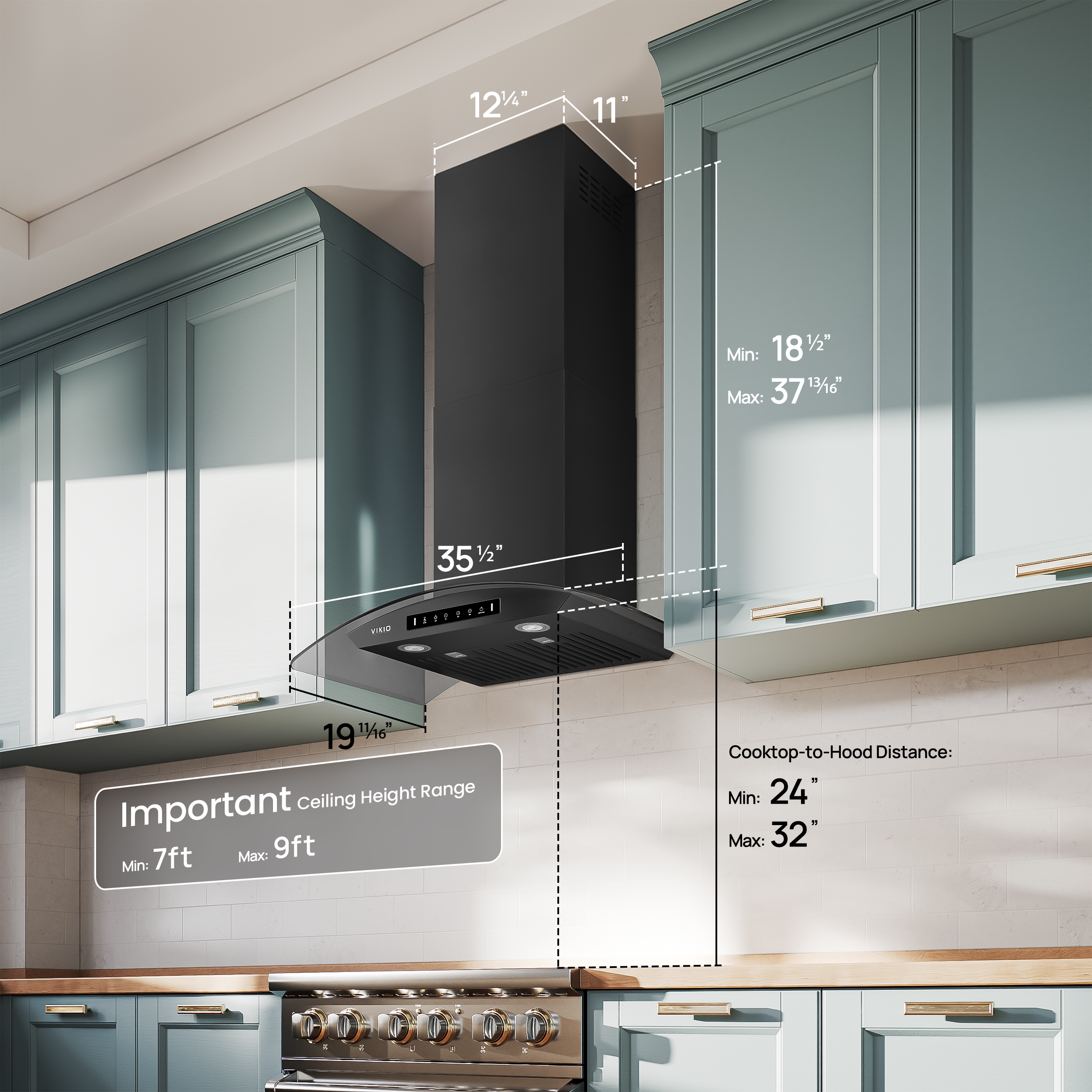 VIKIO HOME Black 36 inch Wall Mounted Range Hood Glass 900 CFM, Stainless Steel Kitchen Hood Vent with Gesture/Touch Controls, 3-Speed Exhaust Fan and Stainless Steel Baffle Filter, 2 LED Lights