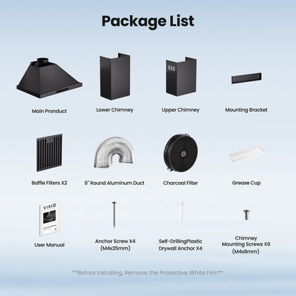 VIKIO HOME Black 30 Inch Pro Wall Mount Range Hood 980CFM, Direct 3 Speed Panel with Gesture & Touch Control, Ducted/Ductless Stainless Steel Kitchen Vent Hood, Delay Shut-Off, Includes Duct & Filter