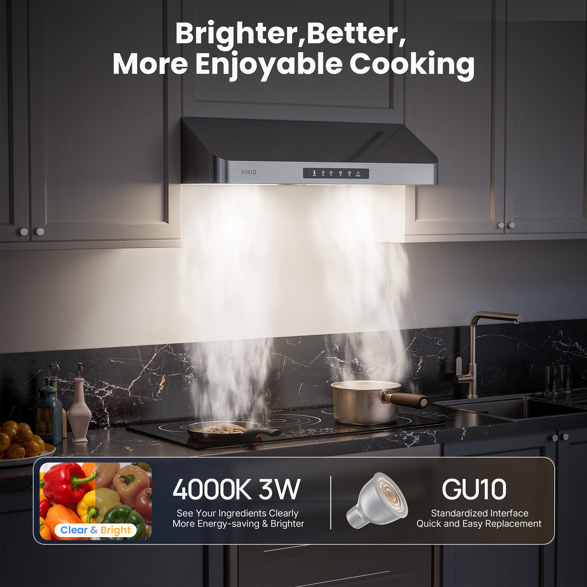 VIKIO HOME Range Hood 30 Inch Under Cabinet, Kitchen Hood with 980 CFM, 3-Speed Gesture Sensing & Touch Control Panel, Stainless Steel Vent 2 Pcs Baffle Filters with Handlebar