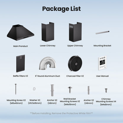 VIKIO HOME Wall Mount 36 Inch Range Hood 900 CFM, Ductless/Ducted Convertible, 3-speed Gesture Sensing & Touch Control, Black Painted Stainless Steel Vent Kitchen Hood with Permanent Baffle Filters