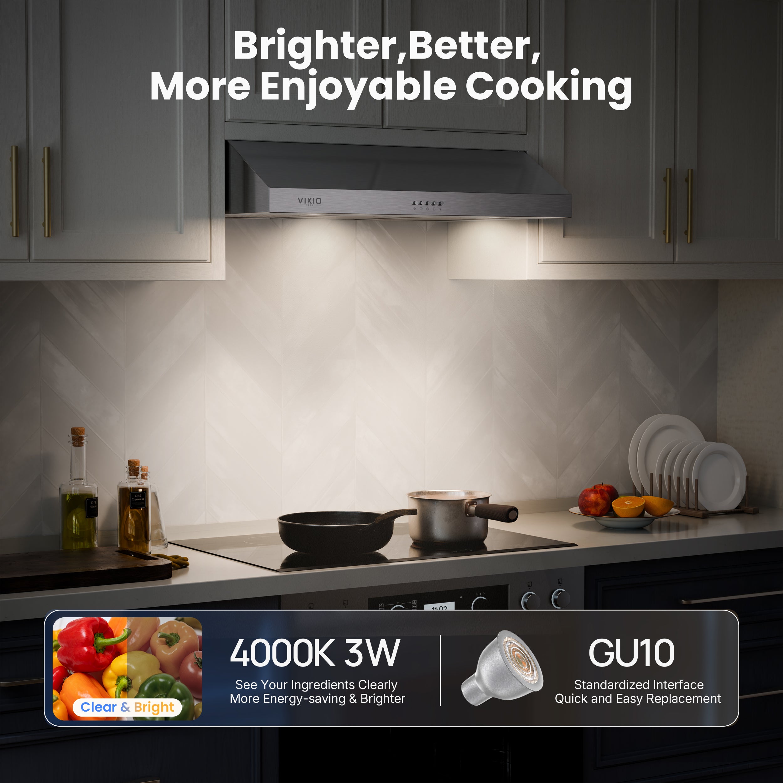 VIKIO HOME Under Cabinet Range Hood 36 Inch, 1200 CFM Dual-Motor Kitchen Vent with LED Lights, Button Control, Ducted Vent Hood, Reusable 5-Layer Aluminum Filters, Stainless Steel