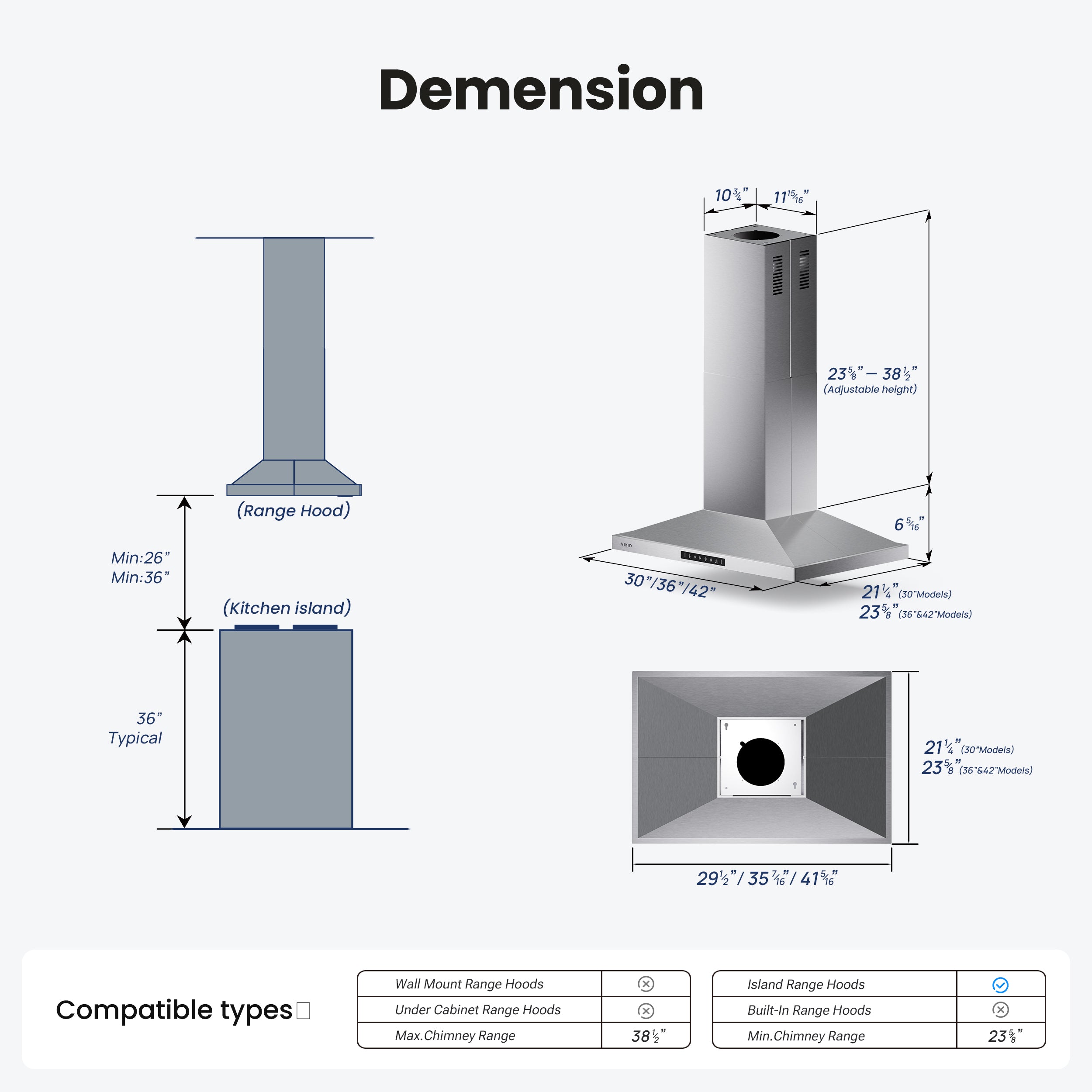 Island Range Hood 36 Inch, 390 CFM kitchen Hood with Touch/Gesture, Ceiling Mount, Convertible Ducted/Ductless, 3-Speed Fan, 3 Stainless Steel Baffle Filters
