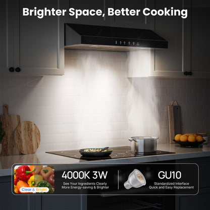 VIKIO HOME Under Cabinet Range Hood 36 Inch, 900 CFM Dual Centrifugal Motor, 3-Speed Ducted Kitchen Vent, Reusable Filters, Stainless Steel Kitchen Hood with LED Lights, Low Noise, Glass Black
