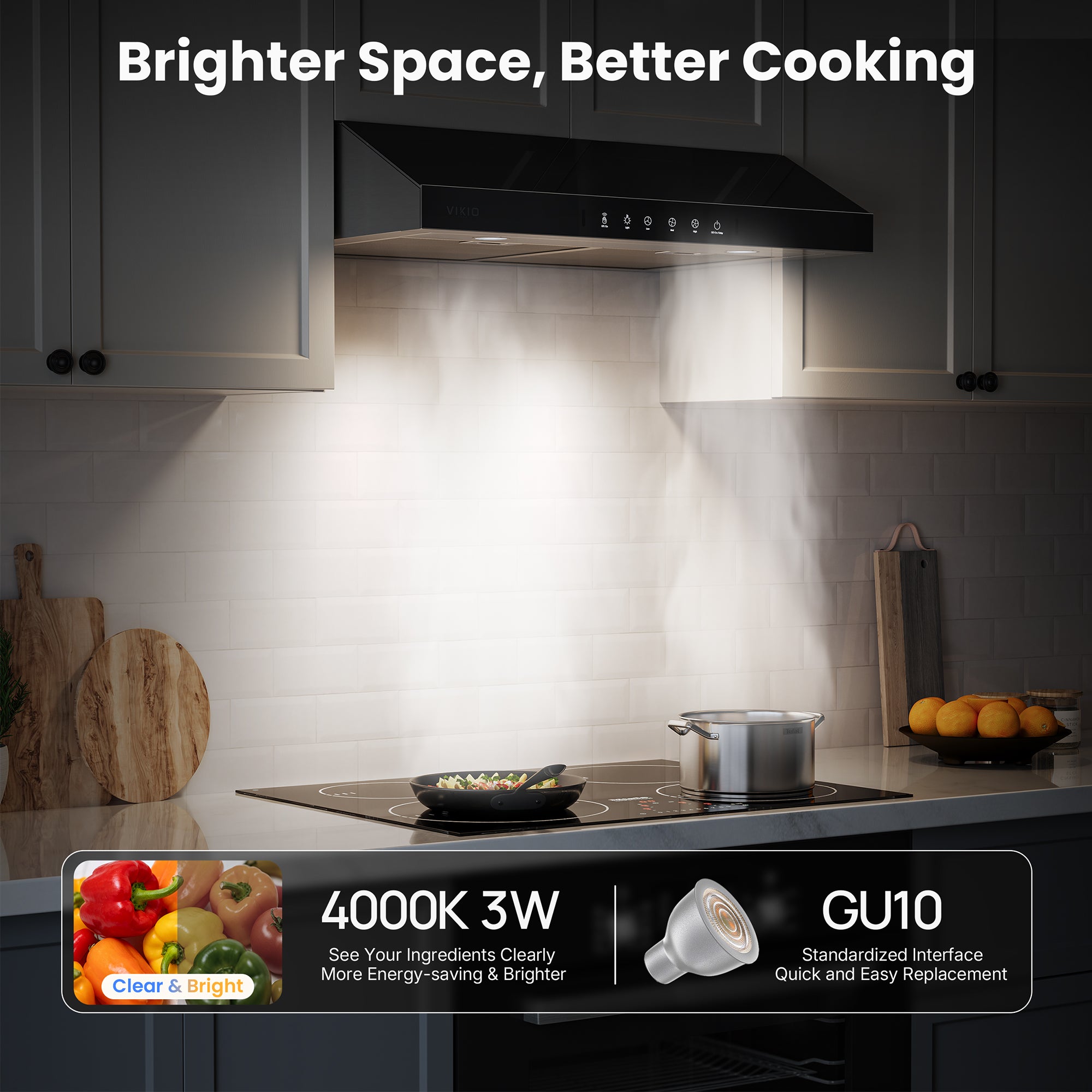 VIKIO HOME Under Cabinet Range Hood 30 Inch, 900 CFM Dual Centrifugal Motor, 3-Speed Ducted Kitchen Vent, Reusable Filters, Stainless Steel Kitchen Hood with LED Lights, Low Noise, Glass Black