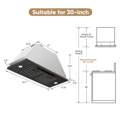 VIKIO HOME Range Hood Insert 30 Inch, Ducted/Ductless Convertible, 980 CFM Built-in Kitchen Vent Hood,Stainless Steel Range Hood with Gesture & Touch Control, Black Hoods for Over Kitchen Stove