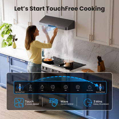 VIKIO HOME 36 inch Black Undercabinet Range Hood, 980CFM Kitchen Range Hood with 3-Speeds Gesture Sensing & Touch, Stainless Steel Kitchen Vent Hood with Permanent Baffle Filters, Top and Rear Vents