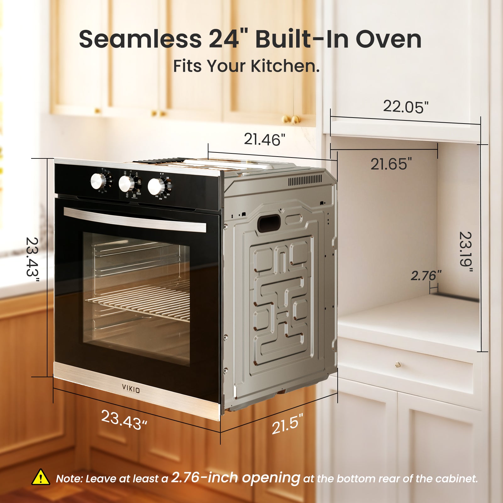 VIKIO HOME Single Wall Oven 24", 2.83 Cu.Ft-80L with 8 Functions Built-in 24 Electric Wall Oven, 240V, 3220W Fast Preheat, Mechanical Knob Control for Easy Cooking