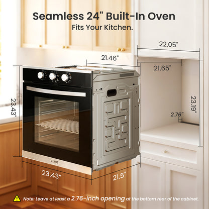 VIKIO HOME Single Wall Oven 24", 2.83 Cu.Ft-80L with 8 Functions Built-in 24 Electric Wall Oven, 240V, 3220W Fast Preheat, Mechanical Knob Control for Easy Cooking