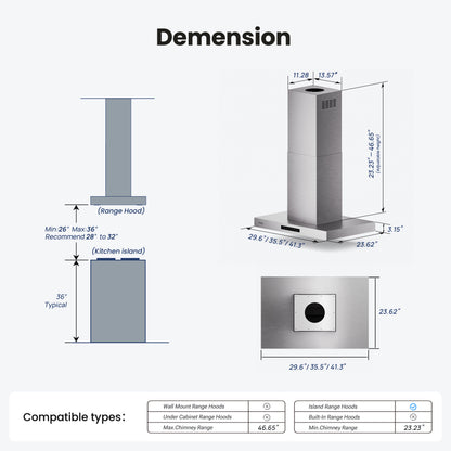 Island Range Hood 36 Inch, 980 CFM Island Mount Range Hood with Dual-Sided Touch/Gesture Control, Ceiling Mount kitchen Hood, Convertible Ducted/Ductless, 3-Speed Fan&4 LED Lights, 3 Baffle Filters