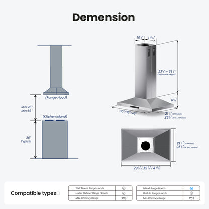 30 Inch Island Range Hood, 390 CFM kitchen Hood with Dual-Sided Touch/Gesture Control, Convertible Ducted/Ductless, Ceiling Mount, 3 Stainless Steel Baffle Filters, 3-Speed Fan