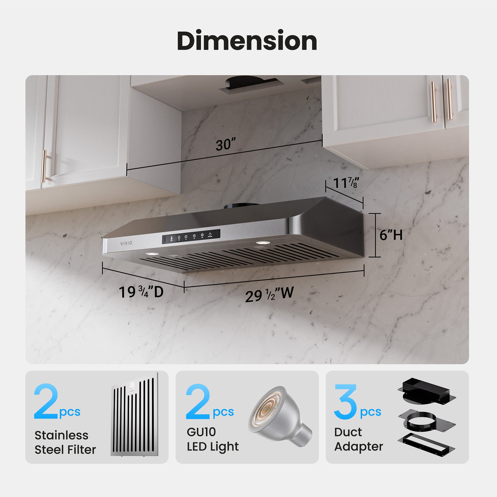 VIKIO HOME 30 Inch Under Cabinet Range Hood, 980CFM Fast Venting Ducted, Kitchen Hood With 3 Speed Gesture Sensing & Touch Control, Stainless Steel Stove Hood With LED Light And 2 Baffle Filters