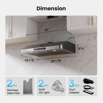 VIKIO HOME 30 Inch Under Cabinet Range Hood, 980CFM Fast Venting Ducted, Kitchen Hood With 3 Speed Gesture Sensing & Touch Control, Stainless Steel Stove Hood With LED Light And 2 Baffle Filters