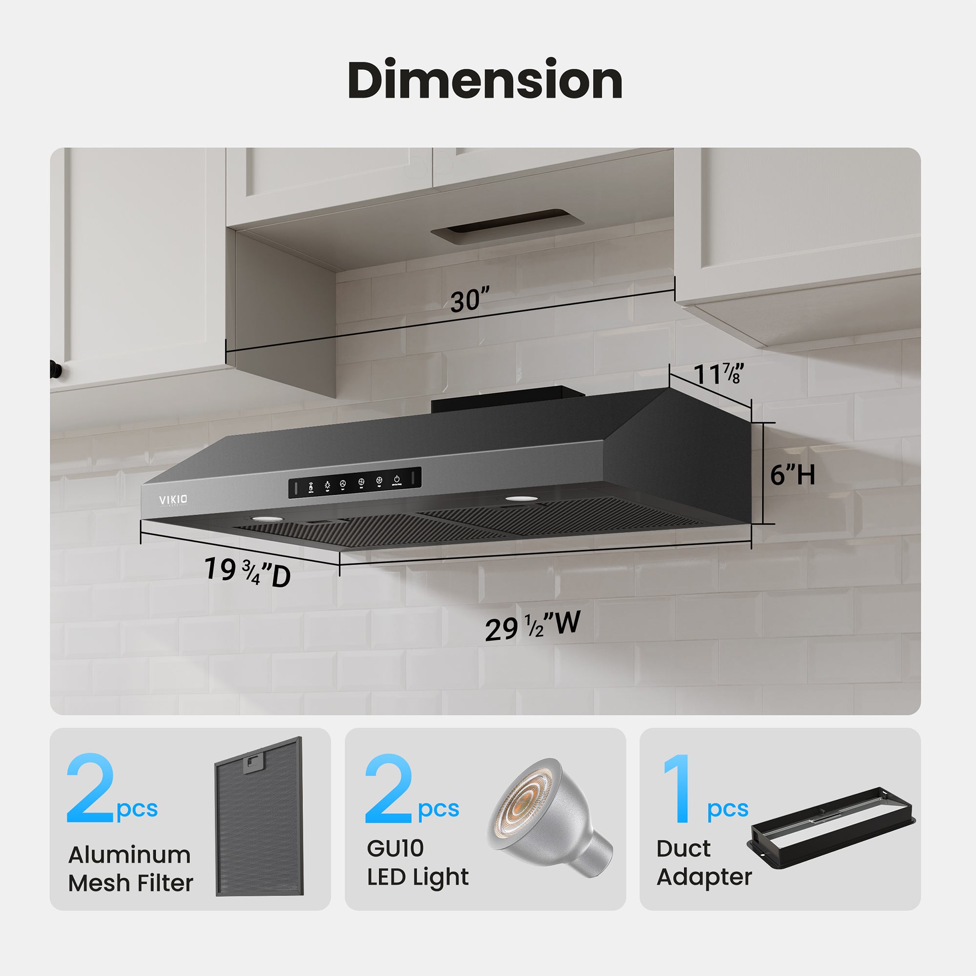 VIKIO HOME Range Hood 30 Inch Under Cabinet, 900CFM Stainless Steel Kitchen Stove Vent Hood, Touch/Gesture Control, 3 Speed Exhaust Fan, LED Lights, Reusable 5-Layer Aluminum Filters, Black