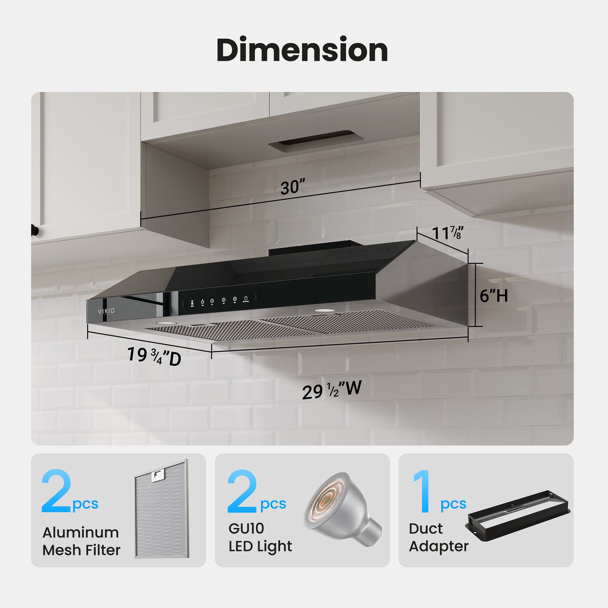 VIKIO HOME Under Cabinet Range Hood 30 Inch, 900 CFM Dual Centrifugal Motor, 3-Speed Ducted Kitchen Vent, Reusable Filters, Stainless Steel Kitchen Hood with LED Lights, Low Noise, Glass Black