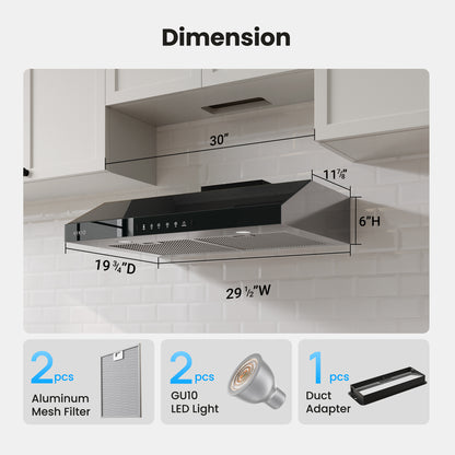 VIKIO HOME Under Cabinet Range Hood 30 Inch, 900 CFM Dual Centrifugal Motor, 3-Speed Ducted Kitchen Vent, Reusable Filters, Stainless Steel Kitchen Hood with LED Lights, Low Noise, Glass Black