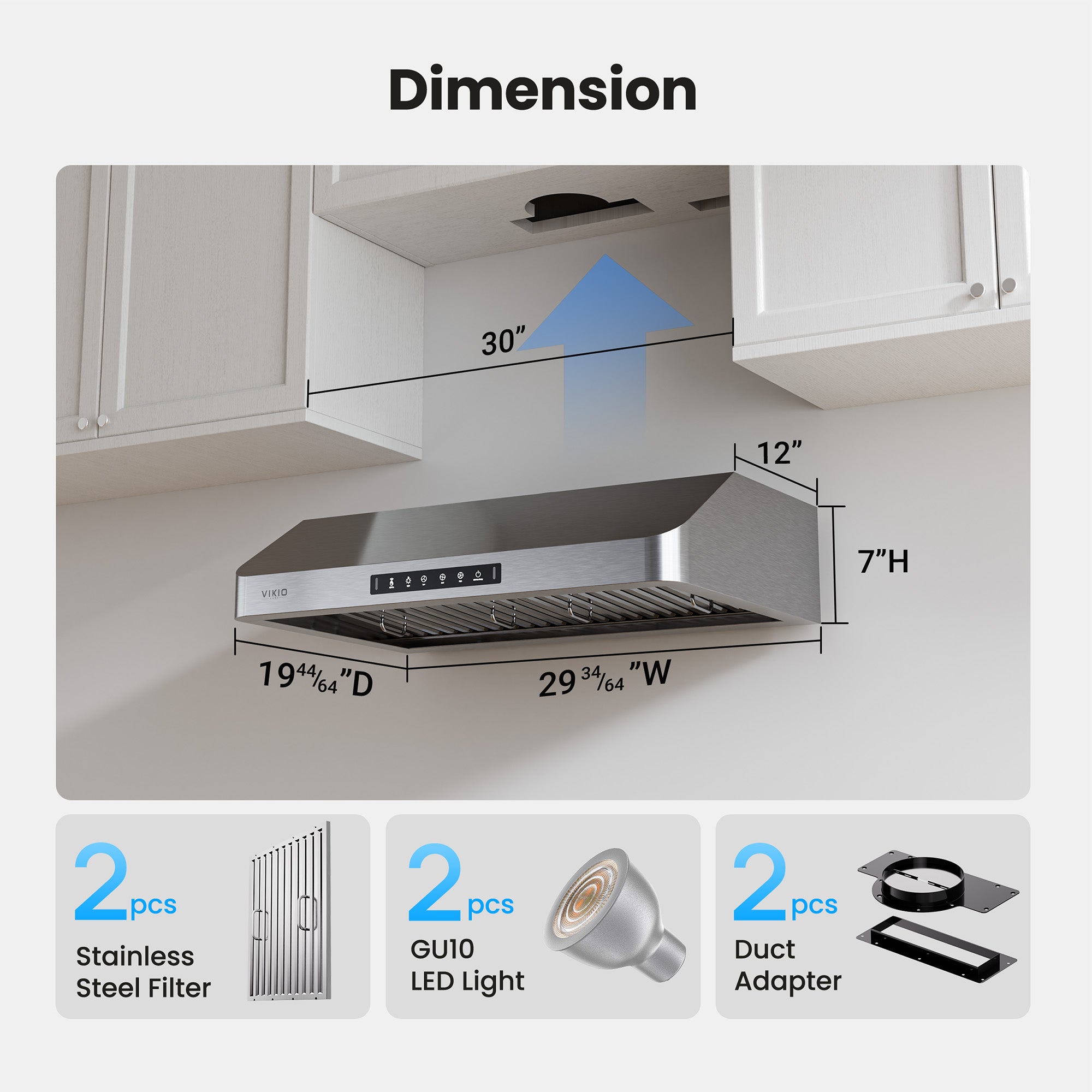 VIKIO HOME Range Hood 30 Inch Under Cabinet, Kitchen Hood with 980 CFM, 3-Speed Gesture Sensing & Touch Control Panel, Stainless Steel Vent 2 Pcs Baffle Filters with Handlebar