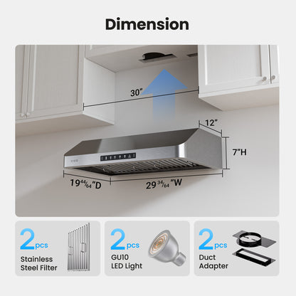 VIKIO HOME Range Hood 30 Inch Under Cabinet, Kitchen Hood with 980 CFM, 3-Speed Gesture Sensing & Touch Control Panel, Stainless Steel Vent 2 Pcs Baffle Filters with Handlebar
