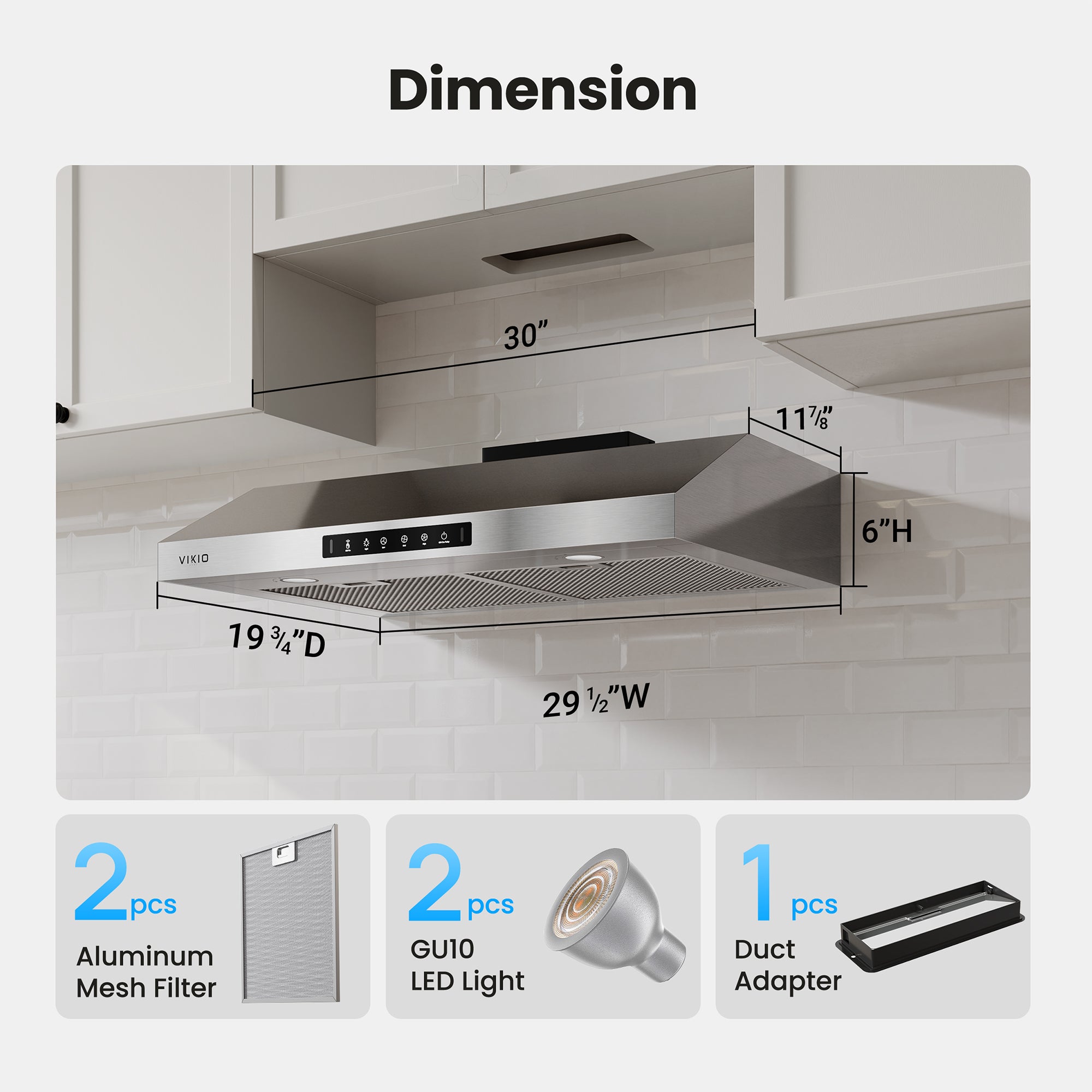 VIKIO HOME Range Hood 30 Inch Under Cabinet, 900CFM Stainless Steel Kitchen Stove Vent Hood, Touch/Gesture Control, 3 Speed Exhaust Fan, LED Lights, Reusable 5-Layer Aluminum Filters