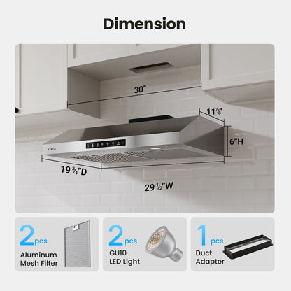 VIKIO HOME Range Hood 30 Inch Under Cabinet, 900CFM Stainless Steel Kitchen Stove Vent Hood, Touch/Gesture Control, 3 Speed Exhaust Fan, LED Lights, Reusable 5-Layer Aluminum Filters