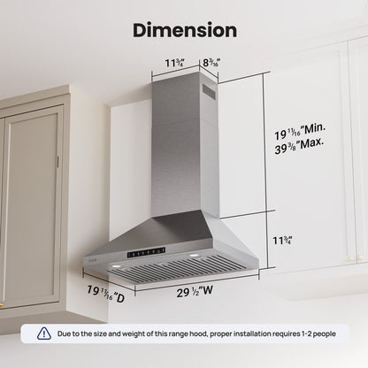 VIKIO HOME Wall Mount 30 Inch Range Hood 900 CFM, Ductless/Ducted Convertible Kitchen Hood, 3-speed Gesture Sensing & Touch Control, Stainless Steel Kitchen Vent Hood with Permanent Baffle Filters