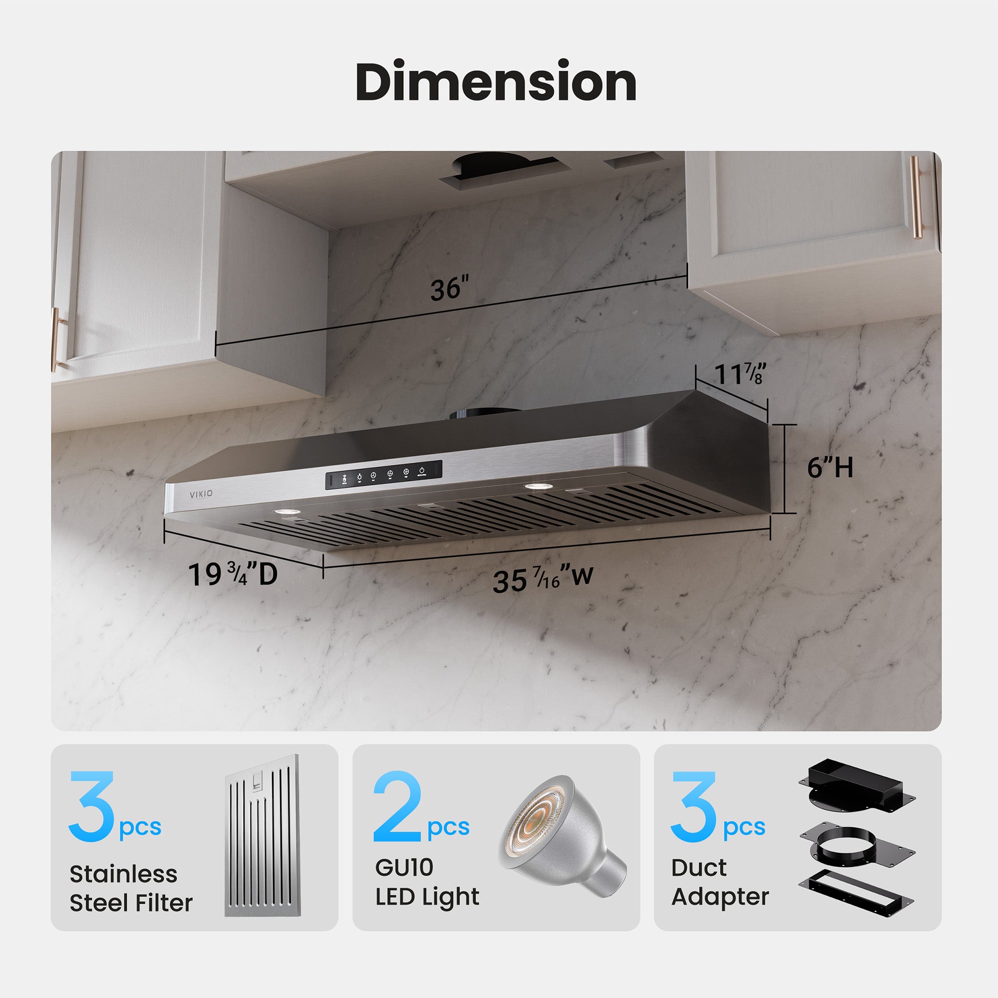 VIKIO HOME Under Cabinet Range Hood 36 Inch, 980CFM Fast Venting Kitchen Hood With 3 Speed Gesture Sensing & Touch Control, Stainless Steel Stove Hood With LED Light And 2 Baffle Filters