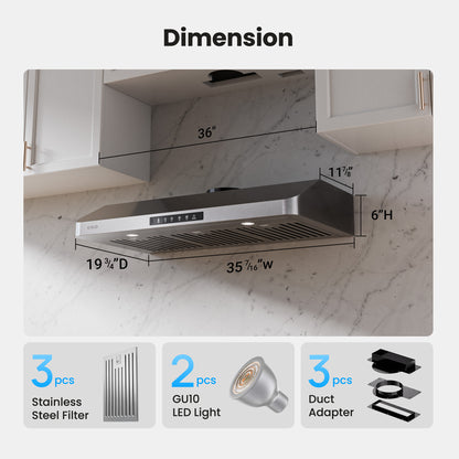 VIKIO HOME Under Cabinet Range Hood 36 Inch, 980CFM Fast Venting Kitchen Hood With 3 Speed Gesture Sensing & Touch Control, Stainless Steel Stove Hood With LED Light And 2 Baffle Filters
