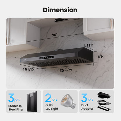 VIKIO HOME 36 inch Black Undercabinet Range Hood, 980CFM Kitchen Range Hood with 3-Speeds Gesture Sensing & Touch, Stainless Steel Kitchen Vent Hood with Permanent Baffle Filters, Top and Rear Vents