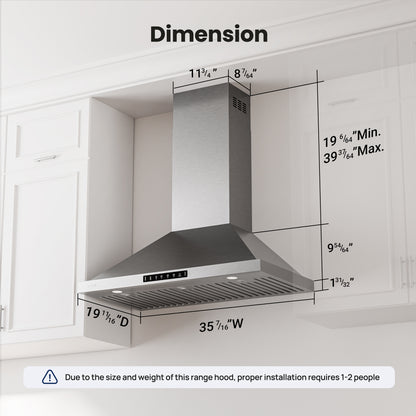 VIKIO HOME 36 inch Pro Wall Mount Range Hood 980CFM, Direct 3 Speed Panel with Gesture & Touch Control, Ducted/Ductless Stainless Steel Kitchen Vent Hood, Delay Shut-Off, Includes Duct & Filter