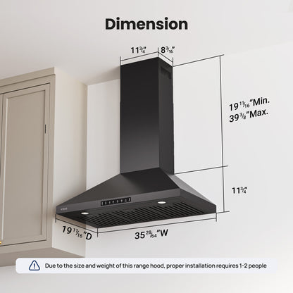 VIKIO HOME Wall Mount 36 Inch Range Hood 900 CFM, Ductless/Ducted Convertible, 3-speed Gesture Sensing & Touch Control, Black Painted Stainless Steel Vent Kitchen Hood with Permanent Baffle Filters