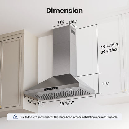 VIKIO HOME Wall Mount 36 Inch Range Hood 900 CFM, Ductless/Ducted Convertible Kitchen Hood, 3-speed Gesture Sensing & Touch Control, Stainless Steel Kitchen Vent Hood with Permanent Baffle Filters