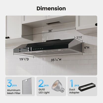 VIKIO HOME Under Cabinet Range Hood 36 Inch, 900 CFM Dual Centrifugal Motor, 3-Speed Ducted Kitchen Vent, Reusable Filters, Stainless Steel Kitchen Hood with LED Lights, Low Noise, Glass Black