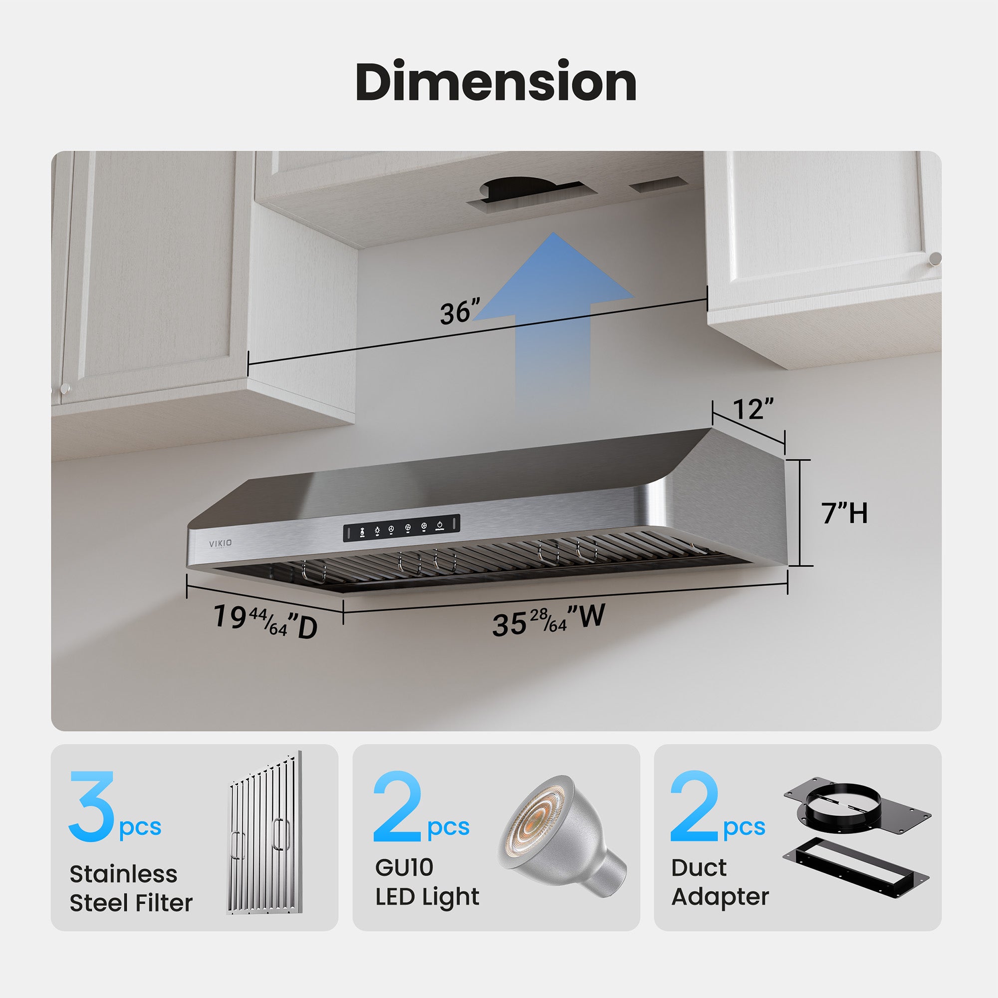 VIKIO HOME Range Hood 36 Inch Under Cabinet, Kitchen Hood with 980 CFM, 3-Speed Gesture Sensing & Touch Control Panel, Stainless Steel Vent 3 Pcs Baffle Filters with Handlebar
