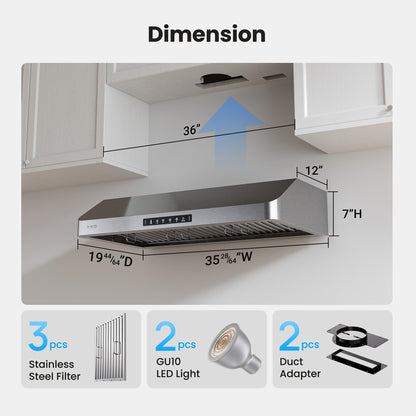 VIKIO HOME Range Hood 36 Inch Under Cabinet, Kitchen Hood with 980 CFM, 3-Speed Gesture Sensing & Touch Control Panel, Stainless Steel Vent 3 Pcs Baffle Filters with Handlebar
