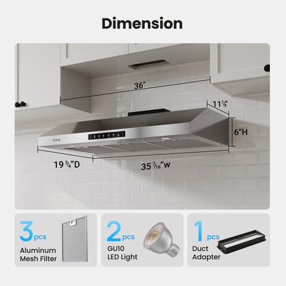 VIKIO HOME Range Hood 36 Inch Under Cabinet, 900 CFM Dual Centrifugal Motor, 3-Speed Ducted Kitchen Vent, Reusable Filters, Stainless Steel Kitchen Exhaust Fan with LED Lights
